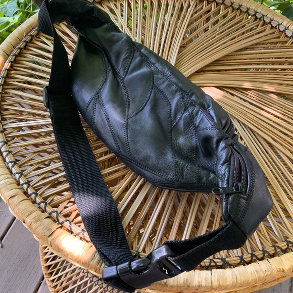 Vintage Handbags - vintage 90s black leather patchwork fanny pack hip bag adjustable straps